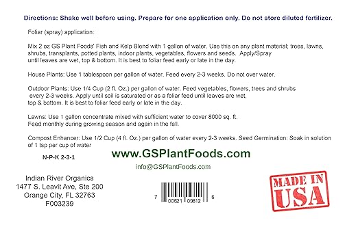 Omri Listed Fish & Kelp Fertilizer by GS Plant Foods (1 Gallon) - Organic Fertilizer for Vegetables, Trees, Lawns, Shrubs, Flowers, Seeds & Plants - Hydrolyzed Fish and Seaweed Blend