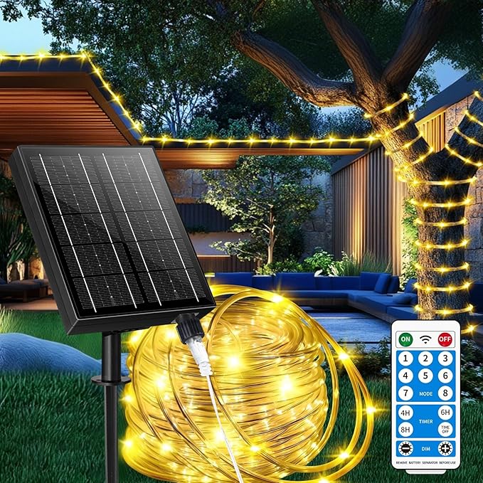 98FT Waterproof 300LEDs Solar Rope Lights, Type C Charging, Remote-Controlled, for Outdoor Pathway Pool Patio Party Garden Yard Palm Tree Holidays (Brighter - Warm White)