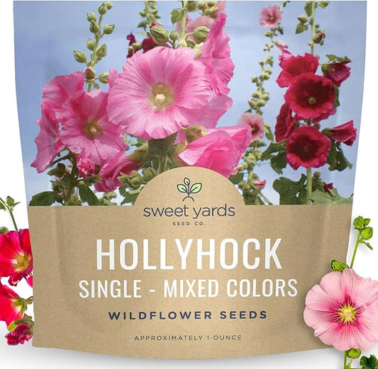 Hollyhock Single - Mixed Colors - Large 1 Ounce Packet - 2,500 Flower Seeds for Planting - Alcea rosea