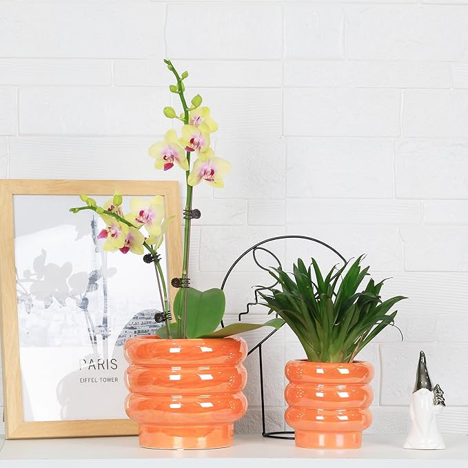5.7 Inch +4.1 inch 2 pcs Ceramic Plant Pots for Indoor Plants, Rainbow Pearl Glaze Planter with Planters for Plants with Drainage Hole, Orchid Pots, Succulent Pot, Flower Pot (Orange)