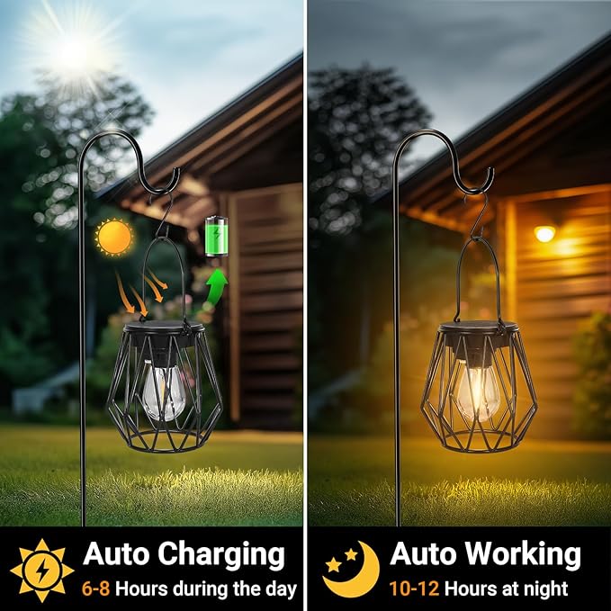 Solar Lanterns Outdoor Waterproof, Upgraded Powered Hanging Solar Lights for Outside, Auto On/Off, Brighter Hanging Outdoor Decor Lights for Yard Garden Patio Pathway 2 Pack