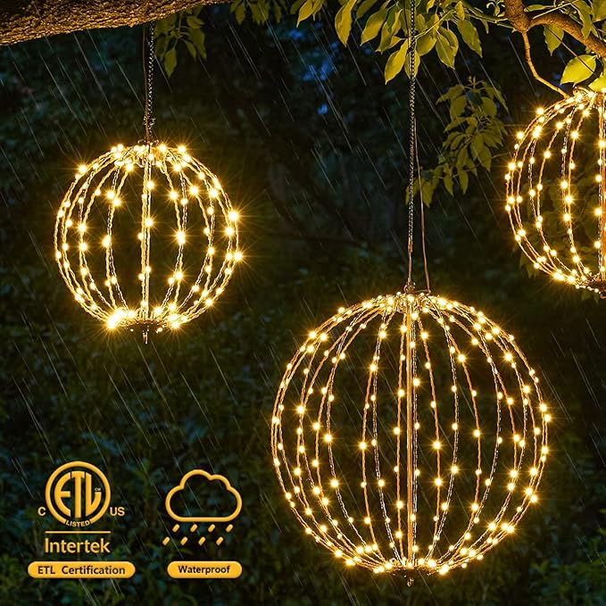 Christmas Ball Sphere, 12IN 96LED Hanging Tree and Pathway Lights With Hook and Stake, Foldable Metal Frame Ball for Outdoor Garden, UL Listed, Brown Frame, Warm White