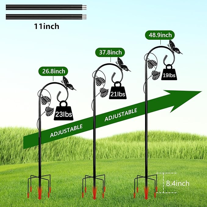 Shepherds Hooks for Outdoor Hummingbird Bird Feeder Pole Hanger 49 Inches with 5 Prongs Base Stainless Metal Adjustable Garden Hanging Holder Weddings Garden Decor Butterfly 2-Pack