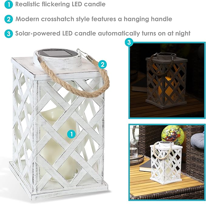 Sunnydaze Modern Crosshatch 9-Inch Solar LED Decorative Candle Lantern - Tabletop/Hanging Light - Set of 2 - White