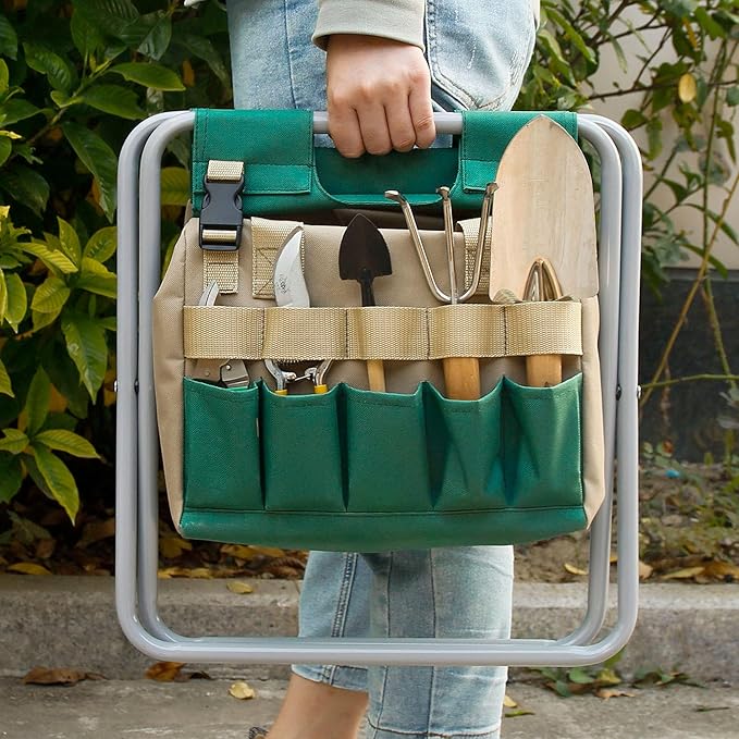 Folding Gardening Stool with Detachable Storage Tote Bag, Multifunctional Gardening Tools Set Organizer for Fishing and Camping,Portable Garden Chair Seat for Adults (Green+Khaki)