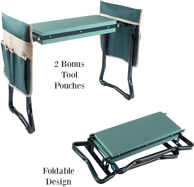 Garden Kneeler and Seat - Kneeling Pad Garden Stool with Tool Pouches - Gardening Gifts for Mom, Dad, Seniors, or Grandparents by Pure Garden (Green)