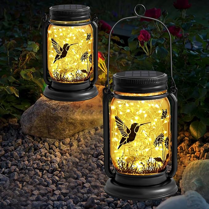 YJFWAL Hummingbird Solar Lanterns Outdoor Waterproof -Birthday, Mothers Day Gifts for Women Mom Grandma, Mason Jar Garden Lights for Patio, Yard, Porch, Balcony, Durable Garden Decor