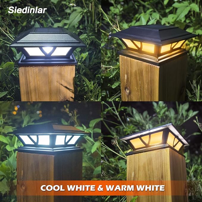 SIEDiNLAR Solar Post Lights Outdoor 2 Modes LED Deck Fence Cap Light for 4x4 5x5 6x6 Posts Patio Garden Decoration Warm White/Cool White Lighting Black (8 Pack)