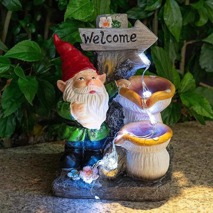 mopha Garden Gnomes Statues Outdoor Decor with Flowing Water Solar Lights Resin Figurines Outside Decoration for Patio Yard Lawn Porch Ornaments Clearance Gardening Gift