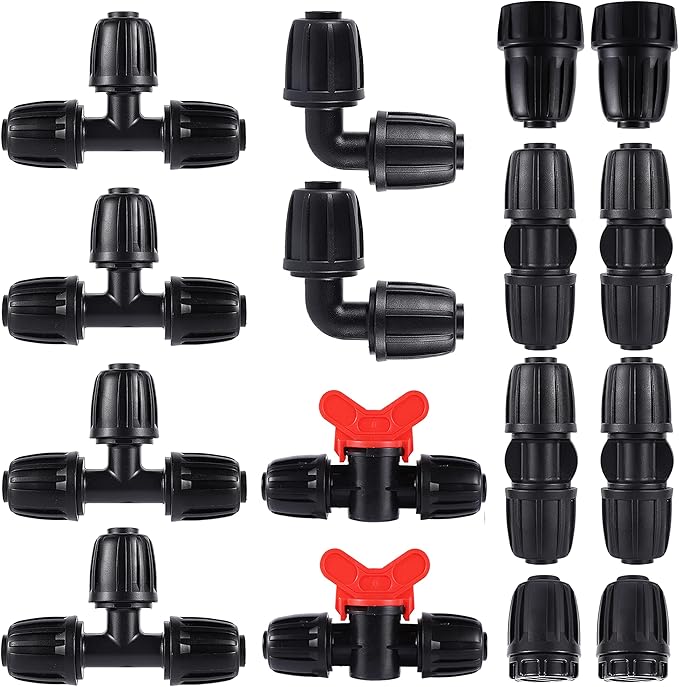 16 Pcs 1/2 inch Tubing Irrigation Fittings Kit, For (1/2" ID x0.6-0.63" OD) 16mm Drip Tubing Barbed Locked Nuts Connectors 2 Ends,2 Elbows,2 Switch Valves,2 US Standard Adapters,4 Tees 4 Couplings