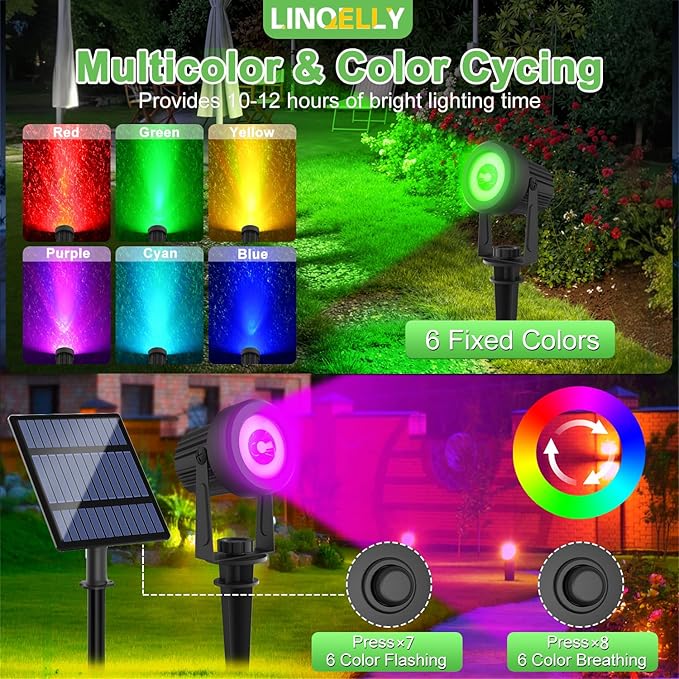 RGB Solar Spot Lights Outdoor 4Pack Color Changing Landscape Lighting IP65 Waterproof Auto Dusk to Dawn SpotLights Christmas Decorative Lighting for Garden Yard Pathway