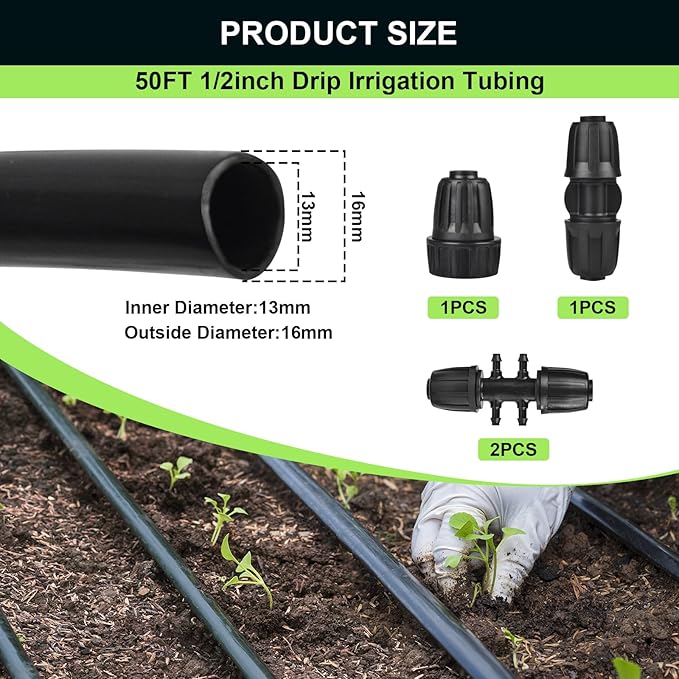 50FT 1/2 Inch Drip Irrigation Tubing Main Line Hose Tube, Drip Line Irrigation System Includes 2pcs 6-Way Connector & 1/2" Straight Connector & 3/4" to 1/2" Faucet Adapter for Garden Watering