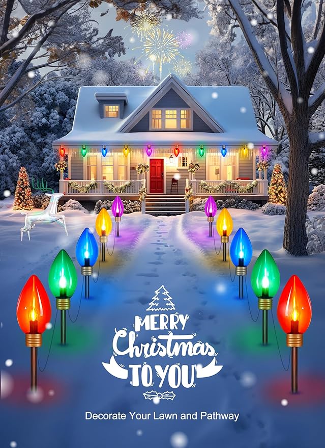 Minetom 11Feet 5 LED Super Jumbo Christmas String Lights or Pathway Marker Lights, Outdoor Xmas Decorations- Jumbo C9 Hanging Lights Waterproof Lawn Dec for Holiday Home Tree Roof Yard Garden