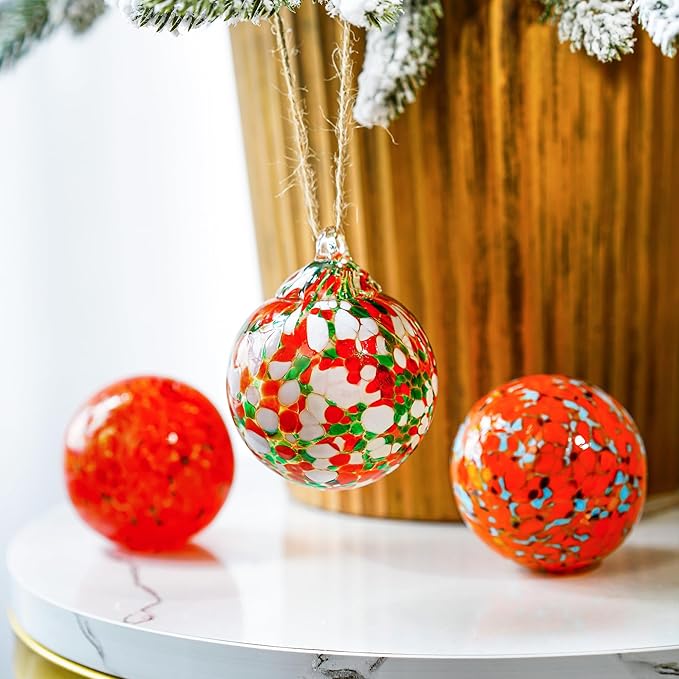Set of 3 Blown Glass Christmas Ornament Balls for Christmas Tree Decor Glass Gazing Balls for Garden Patio Decor Glass Hanging Xmas Ornament Balls Gifted Box