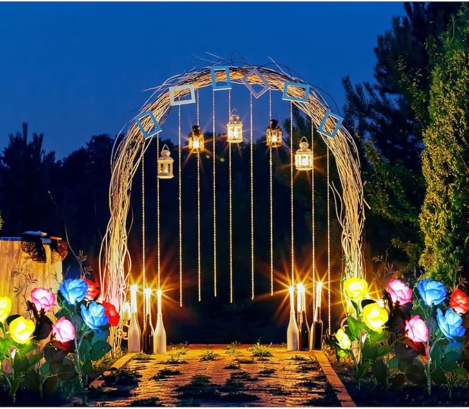 8 Pcs Solar Rose Flower Lights Colorful LED Solar Flower Lights Realistic Outdoor Floral Lights Power Decorative Flower Lights for Garden Patio Yard Pathway Decoration