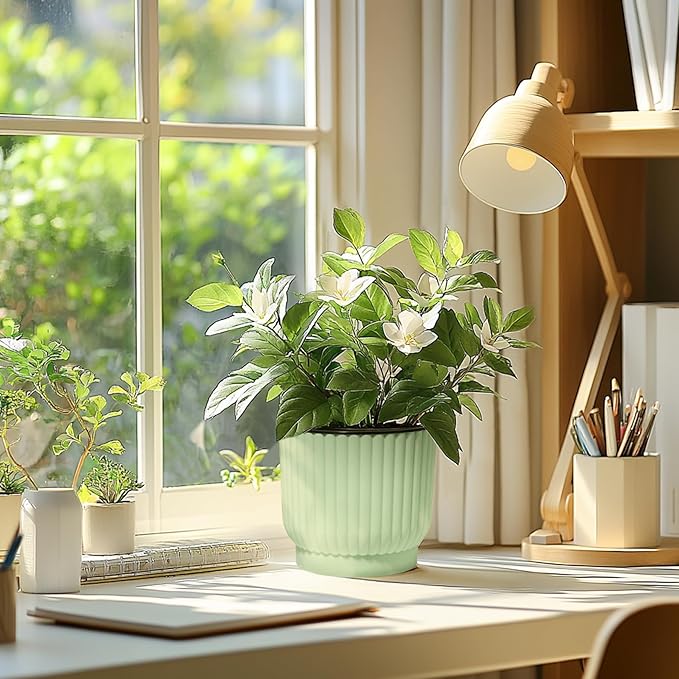 T4U 7 Inch Self Watering Pots for Indoor Plants, 4 Pack Green Plastic Flower Pots for All House Plants, Flowers, African Violets