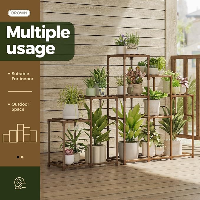 Bamworld 2 Sets of Package Corner Plant Stands Indoor Tall Plant Shelves Outdoor for Multiple Plants 10 Pots Wooden Plant Rack for Living Room Balcony Garden