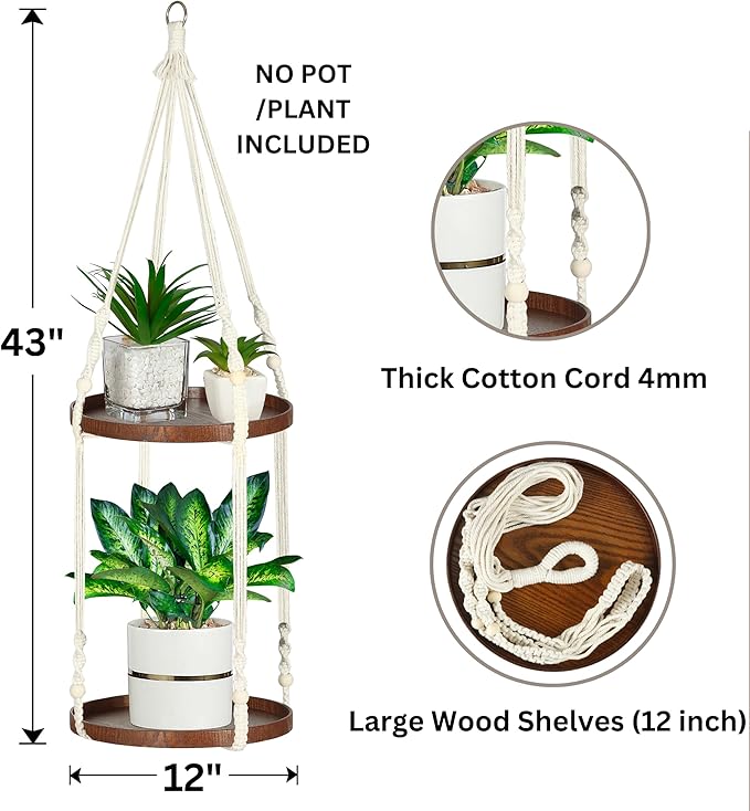 2 Tier Macrame Plant Hanger | Plant Hanger Indoor, Hanging Planter | Hanging Planter Shelf (Beige) (Large, 12" Shelf)