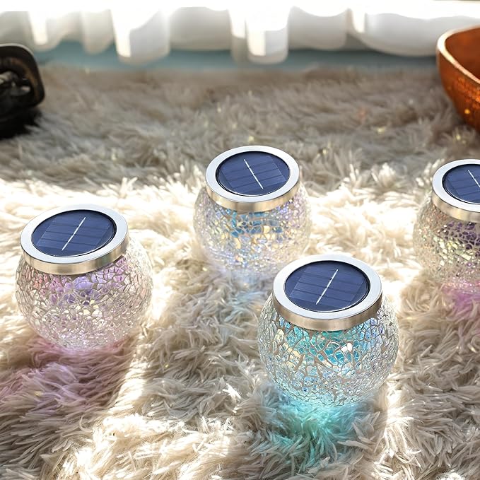 Cooo Heavy Solar Mosaic Crackle Glass Light with Dual Solar Panels, Color-Changing RGB Light, Exclusive Dazzling Glass, Waterproof Outdoor Tabletop Garden Light Landscape Path Light 2 Pack