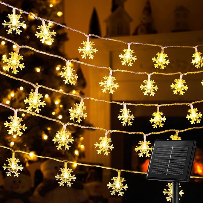 Brightown Solar Christmas Snowflake String Lights, 72FT 200 LED Outdoor Waterproof Fairy Lights with 8 Lighting Modes for Wedding, Party, Tree, Room, Garden, Patio, Yard, Home, Warm White