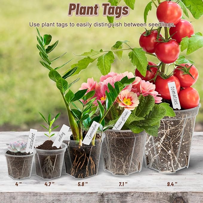 3.9-9.4 Inch Big Size Clear Nursery Pots with Drainage, 6 Sizes 10 Packs Nursery Garden Pots with 10 Plant Labels for Seedling Plants, Nursery Pots Variety for Indoor Outdoor Seed Starter Flower Pots