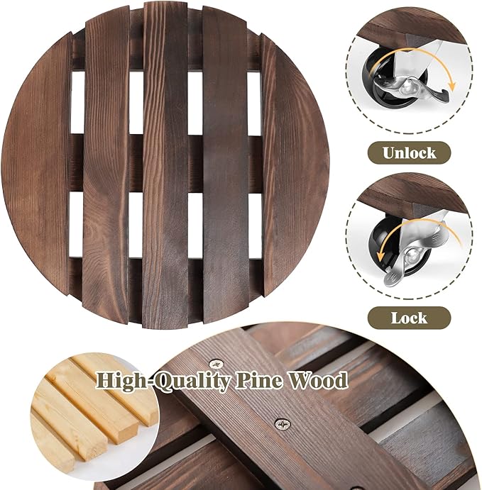 2pack 12" Plant Caddy Plant Stand with Wheels Rolling Plant Stand Heavy Duty Wooden Round Plant Dolly Rollers with Metal Lockable Casters Indoor Outdoor Pot Plant Roller Base Caddies,Patio,Flower Pot