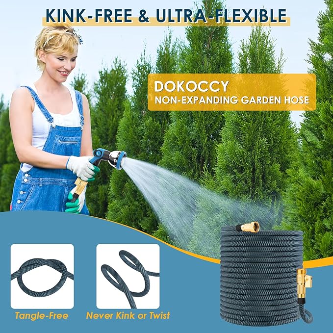 Non-Expanding Garden Hose 25 ft, Flexible Kink Free Water Hose with 10 Watering Spray Nozzle, Lightweight Hose Pipe, Leak-Proof, Durable, 3/4" Brass Alloy Connector, Portable Storage Strap