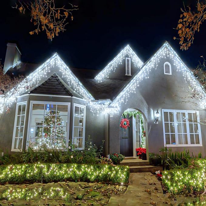 Icicle lights Outdoor - 66ft Christmas Lights with 640LED 120 Drops 8 Modes, Plug in Curtain String Lights Waterproof for Holiday Wedding Party Home Garden Bedroom Indoor Outdoor Decoration,Cool White
