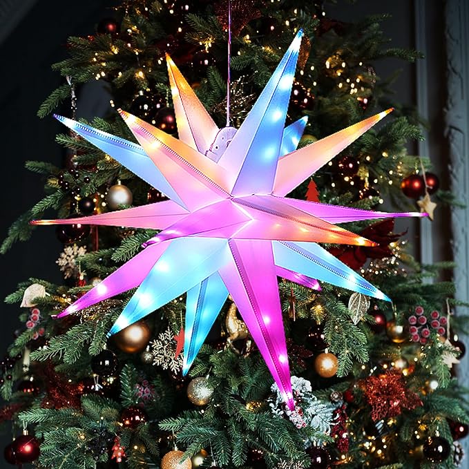 RGB Moravian Star Light Dinamic 23" Multicolor Hanging Lantern with Remote Control for Indoor Outdoor Tree Porch Patio Hallway Decoration