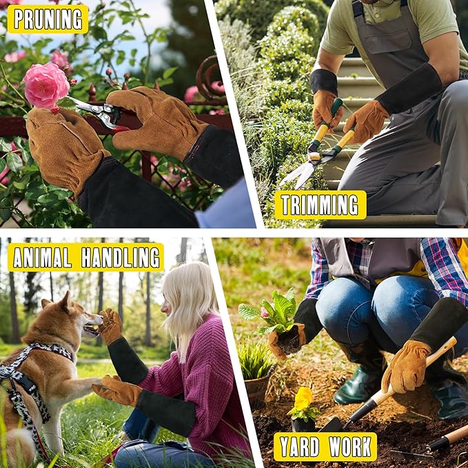 HANDLANDY Ladies Leather Gardening Gloves, Thorn Proof Women Long Rose Gloves (Black-brown, Large (Pack of 1))