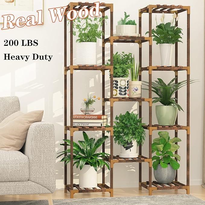 HOMKIRT Plant Stand Indoor Outdoor, 11 Tier Reinforced Plant Shelf Tall for Multiple Plants, Large Wood Plant Rack Holder, Garden Shelves, Flower Stand for Living Room Patio Corner
