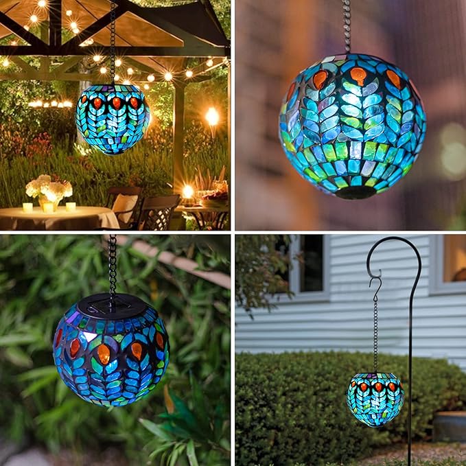 VCUTEKA Hanging Solar Lanterns Mosaic Solar Lights with Hook Up, Outdoor Garden Lights Decor for Yard Tree Fence Patio