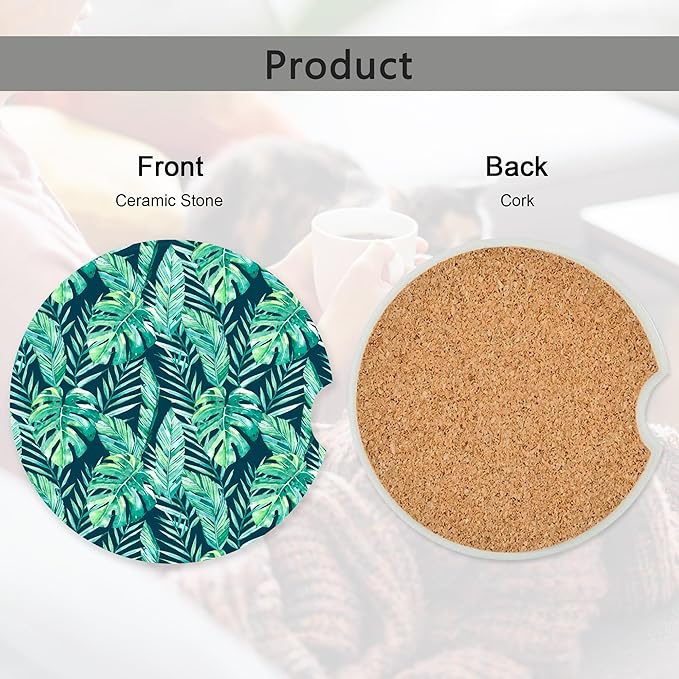 Green Tropical Foliage Palm Leaves Car Coasters,Ceramic Absorbent Cup Holders with Finger Notch & Cork Base Car Assecories for Women/Men 2.6"(2 Pieces)