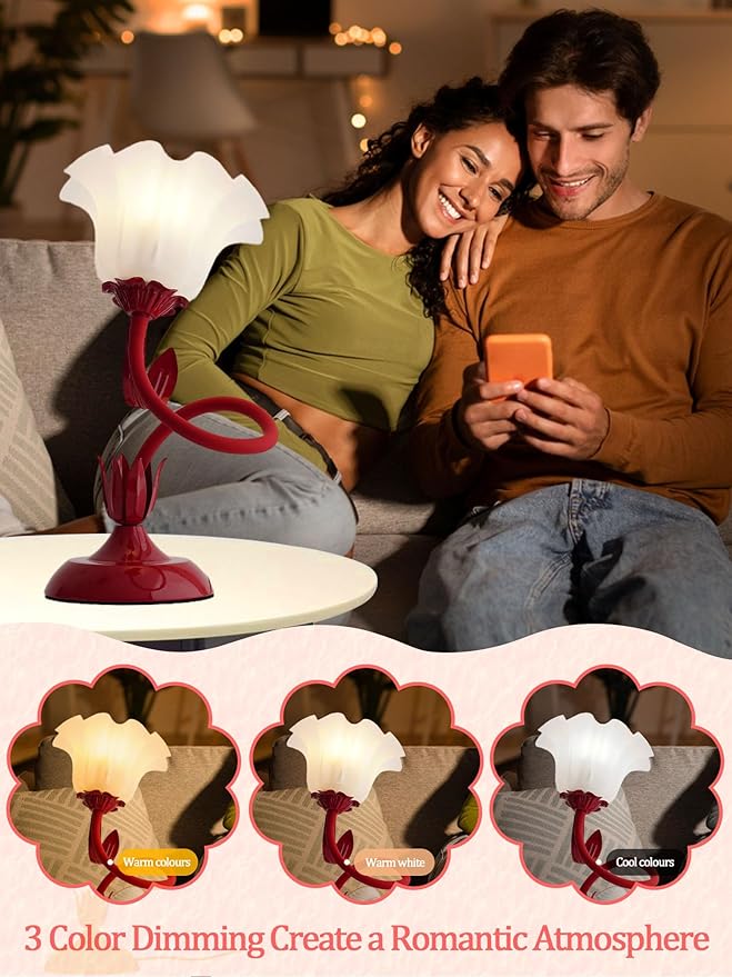 Flower Table Lamp,LED Reading Light Bedside Vintage Flower Night Light,3 Colors Modes Kawaii Bedside Lamps Decor,Living Room Bedroom Room Lighting Table Lamps Home Decoration (Red)