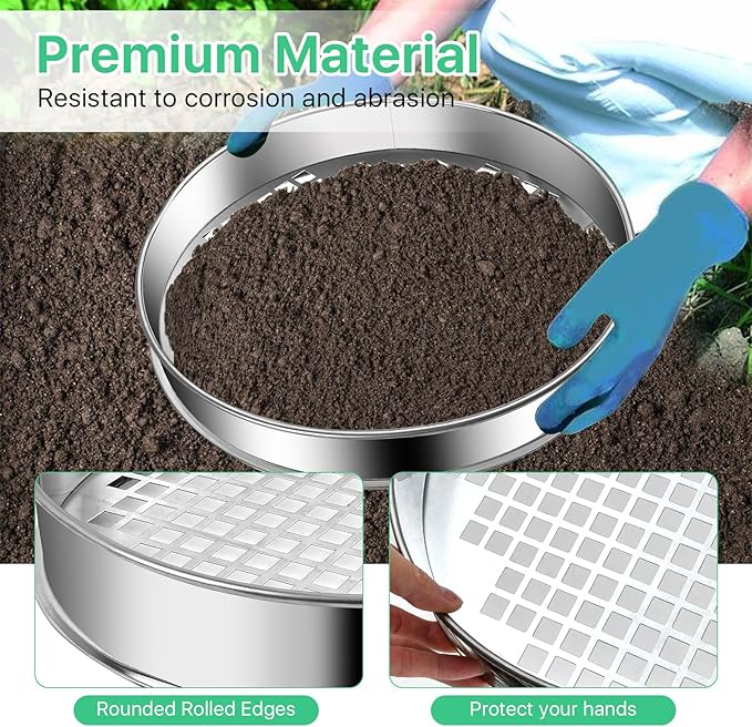 2 Pcs Soil Sifter and Shovel, Stainless Steel Sand Sifter for Gardening, Dirt Sifter Strainer for Sand Rocks Dirt Seed Compost, 11.8 inch