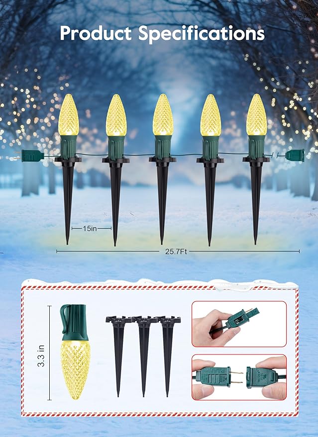 Brightown Strawberry C9 Christmas String Lights Outdoor - 25.7 Feet 20 LED Pathway Lights, Connectable C9 Walkway, Waterproof Outdoor Decoration for Lawn Outside, Warm White