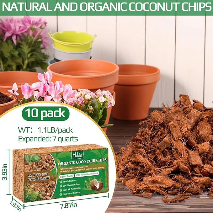 Halatool 10 Pcs Coconut Coir Chips for Plants - 11 LB 100% Organic Coco Husk Chip Bricks with Low EC and pH Balanced, Compressed Coco Substrate Growing Mulch Medium for Garden Herbs, Plants, Flowers