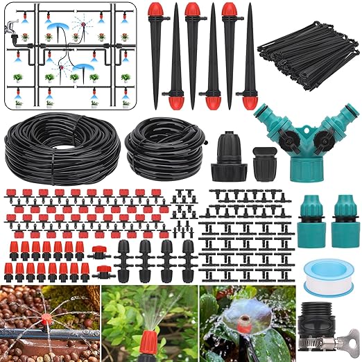 165FT Drip Irrigation System Kit, Greenhouse Irrigation System Patio Misting Plant Watering System, Yard, Lawn, Plant with 5/16 inch 1/4 inch Hose Distribution Tubing and Accessories