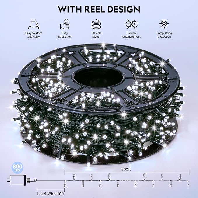 JMEXSUSS 800 LED White Christmas Lights Outdoor, 272ft 8 Modes Christmas Tree Lights Green Wire, Waterproof Led Christmas String Lights for Outside Indoor Xmas Party Tree Decor