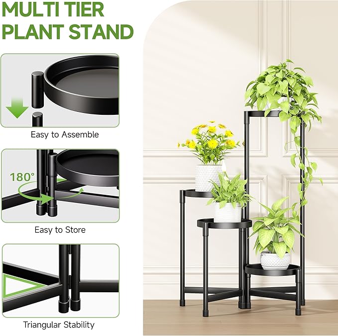 4-Tier Metal Plant Stand Indoor, Foldable Corner Plant Shelf Outdoor, Rotatable Tiered Tall Plant Stand, Black Multiple Plant Stands for Patio Living Room Balcony Garden Home Decor