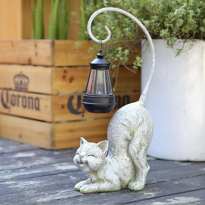 Laughing Cat Figurine with Solar-Powered LED Light, 15.7 Inches Tall Marble, Perfect for Gift Garden Decor or Housewarming for Cat Lovers.