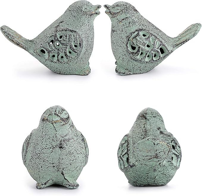 OwnMy 2 Cast Iron Green Bird Sculptures Outdoor Bird Statues Hollow Carved Bird Desktop Ornaments Figurines, Decorative Creative Animal Figurine Indoor Outdoor Statues for Garden Patio Home Decor