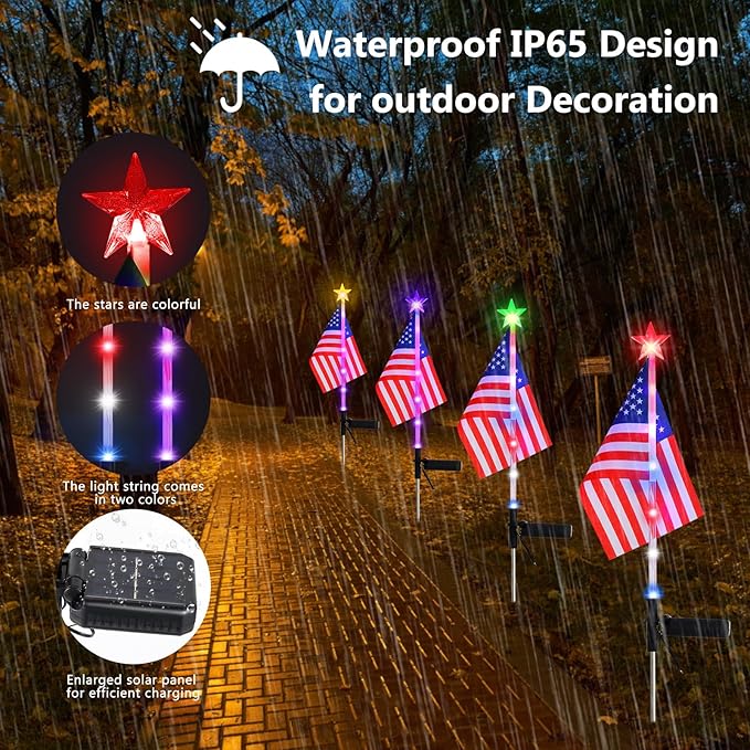 4PCS American Flag Lights 4th of July Solar Patriotic Lawn Light, Garden Stake Light LED Landscape Light Pathway Light for Independence Day Memorial Day Decor(Color Changing-Star)