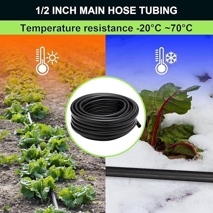 50FT 1/2 Inch Drip Irrigation Tubing Main Line Hose Tube, Drip Line Irrigation System Includes 2pcs 6-Way Connector & 1/2" Straight Connector & 3/4" to 1/2" Faucet Adapter for Garden Watering