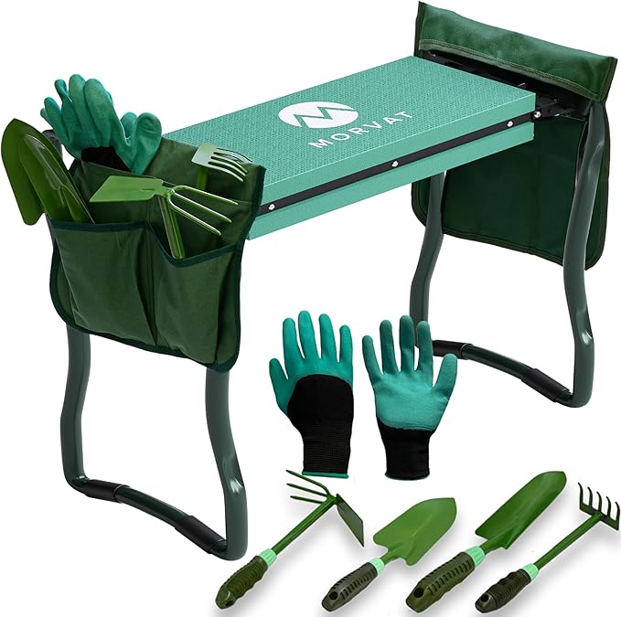 Morvat Garden Kneeler and Seat with Four Gardening Tools, Pair of Gloves + Two Side Pouches, Heavy Duty Metal & Thick Foam for Women Men Mom Seniors, Foldable Portable, Kneeling Pad with Safety Locks