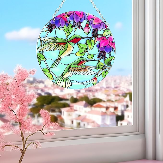 Hummingbird Suncatcher Stained Glass - Hummingbird Gifts for Women, Birds Suncatchers for Windows - Birds Window Hangings with Chain and Hook, 6 inch Stained Glass Suncatcher for Mom