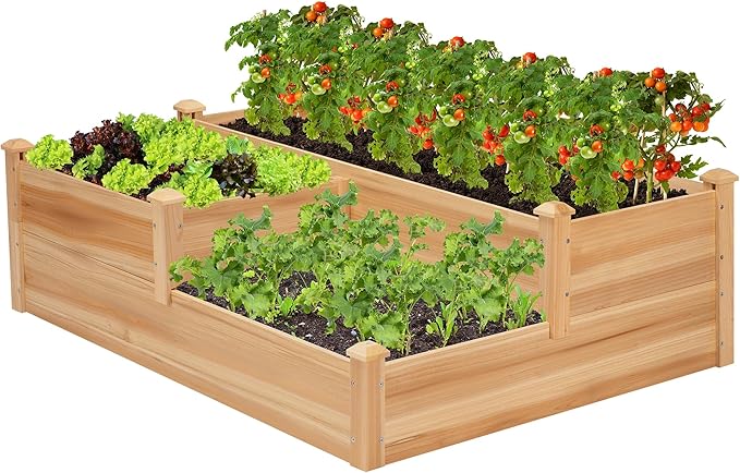 VIVOSUN 3-Tier 3-Grid Wooden Raised Garden Bed, 42.5 x 34.5 x 15 Inches, Outdoor Elevated Wood Planter Box with Screwdriver for Gardens, Patios, Backyards, Balcony and Outdoors