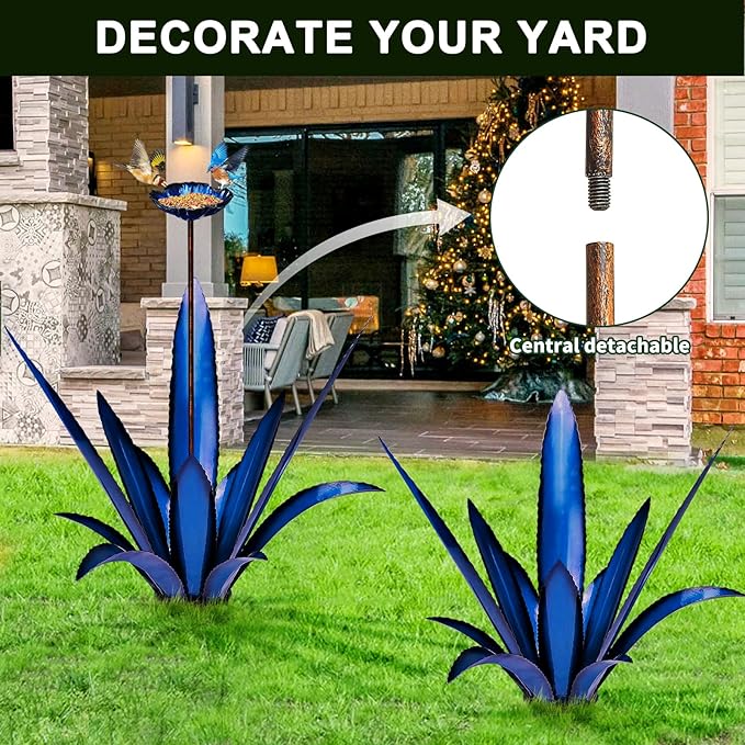 Upgraded Large Metal Yard Art, Metal Agave Plant Yard Decorations Outdoor Sculpture, Metal Flowers for Outside, Waterproof Outdoor Garden Decor (Blue+ Bird Feeder)