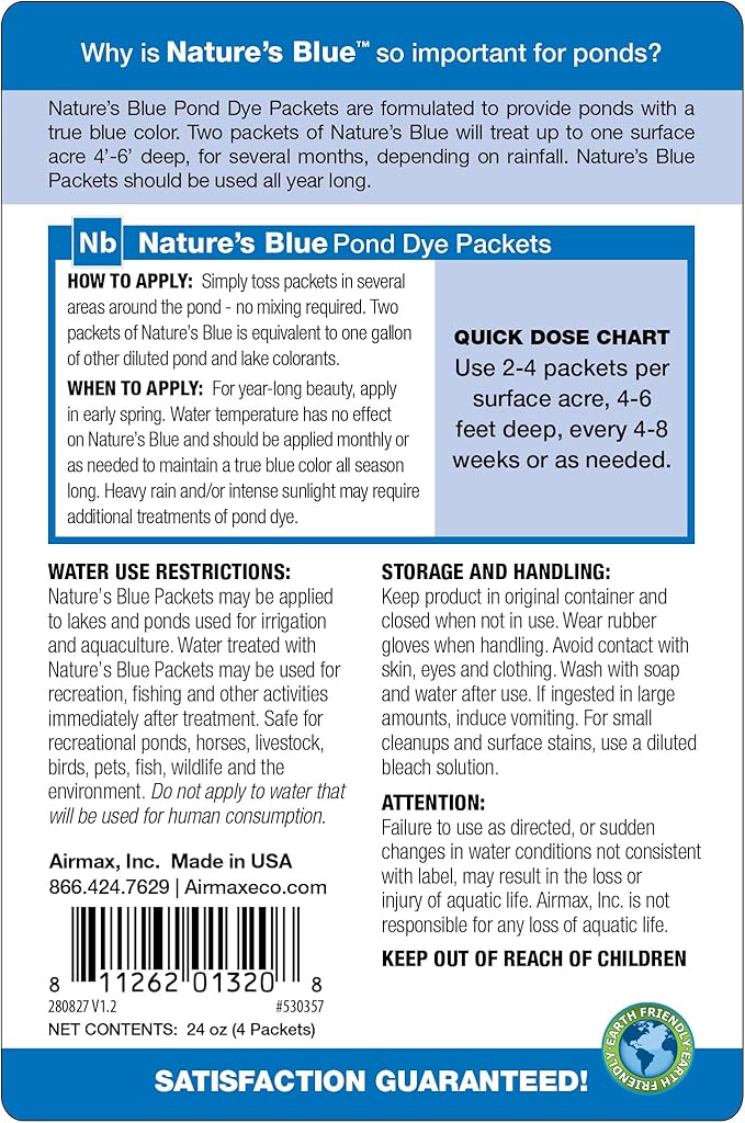 Airmax Pond Dye Packets Nature's Blue Colorant for Large Pond & Lake, Beneficial UV Blocking Color Concentrate, Maintain Clean & Clear Pond, Fish & Animal Safe, Easy Treatment, 16 Soluble Packets