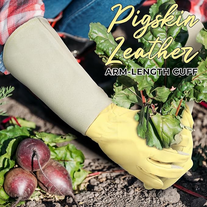 HANDLANDY Rose Pruning Gloves for Men & Women, Thorn Proof Long Garden Gloves, Gardening Gifts for Gardeners (Beige- Goatskin, X-Large (Pack of 1))